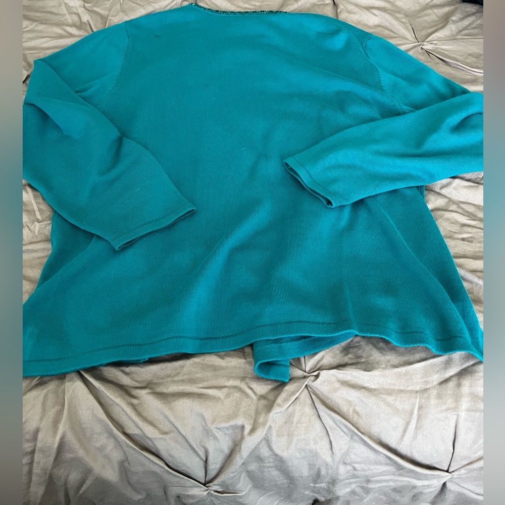 Bob Mackie Women's Size Large Teal Sequin Beaded Wearable Art Cardigan Sweater - Picture 2 of 3